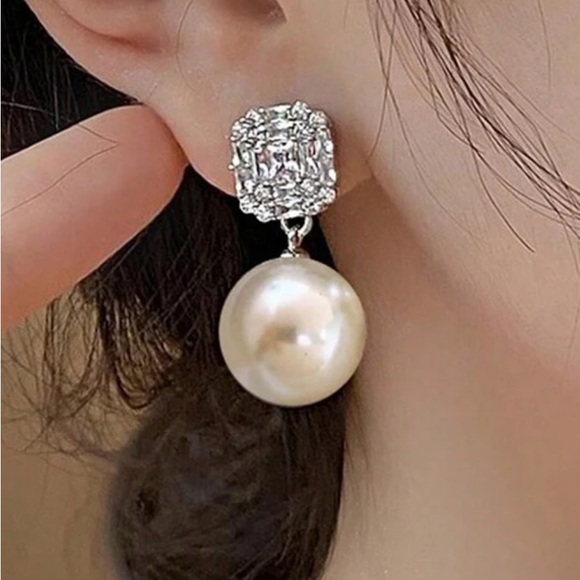 Stainless Steel Faux Pearl Rhinestone Drop Earrings - Picture 2 of 3